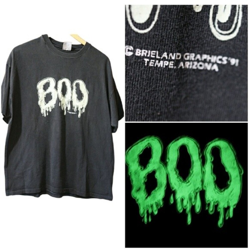 Hanes Heavyweight Vintage 90s Single Stitch Black BOO Halloween Glow in the Dark